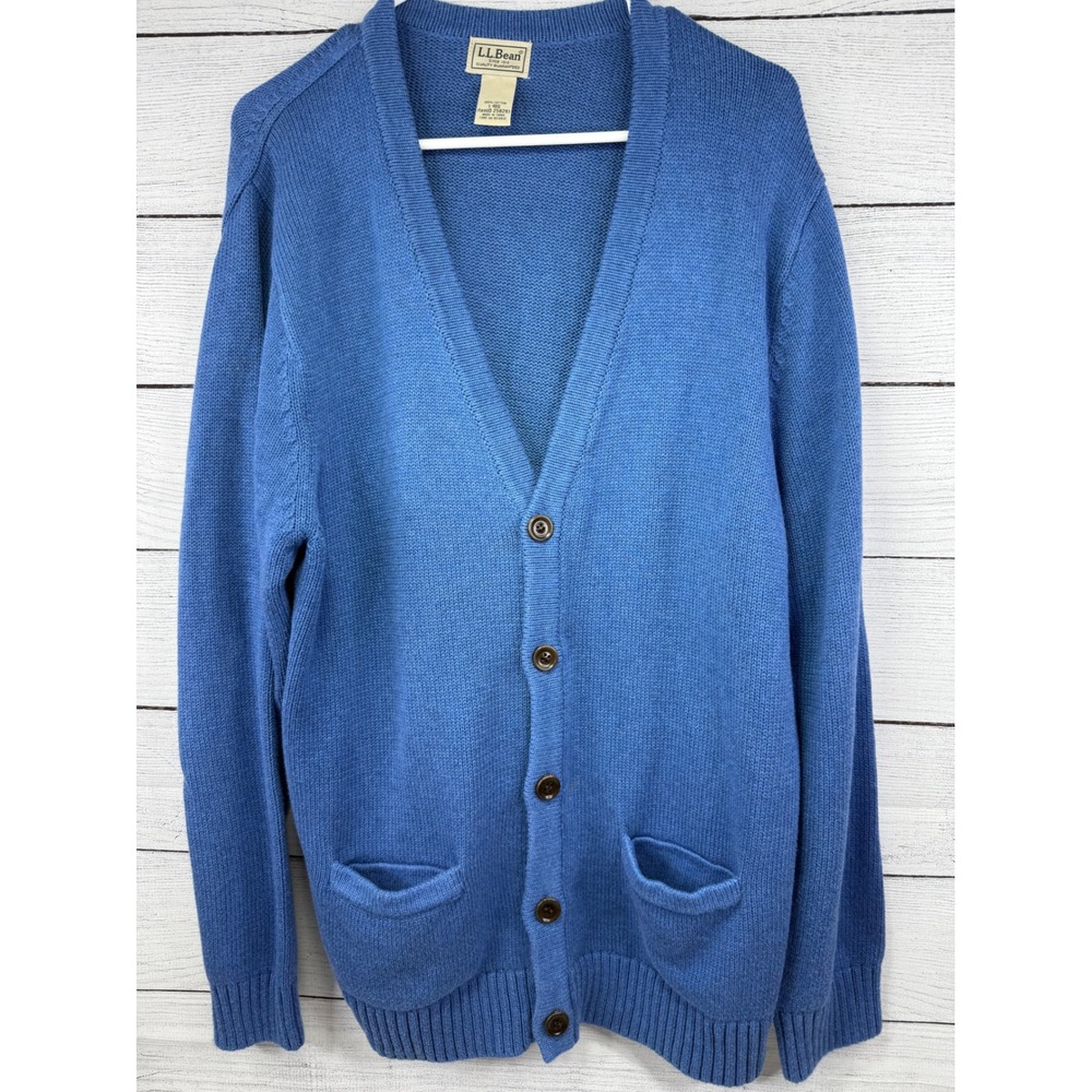 LL Bean‎ Mens Cotton Knit Cardigan Sweater Blue Button Front Pockets Large